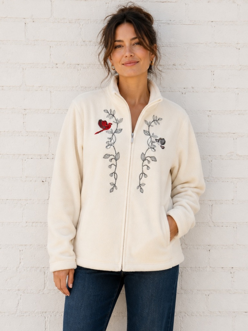 Northern Reflections Cardinal Chickadee Embroidered Fleece Jacket Full Zip Ivory